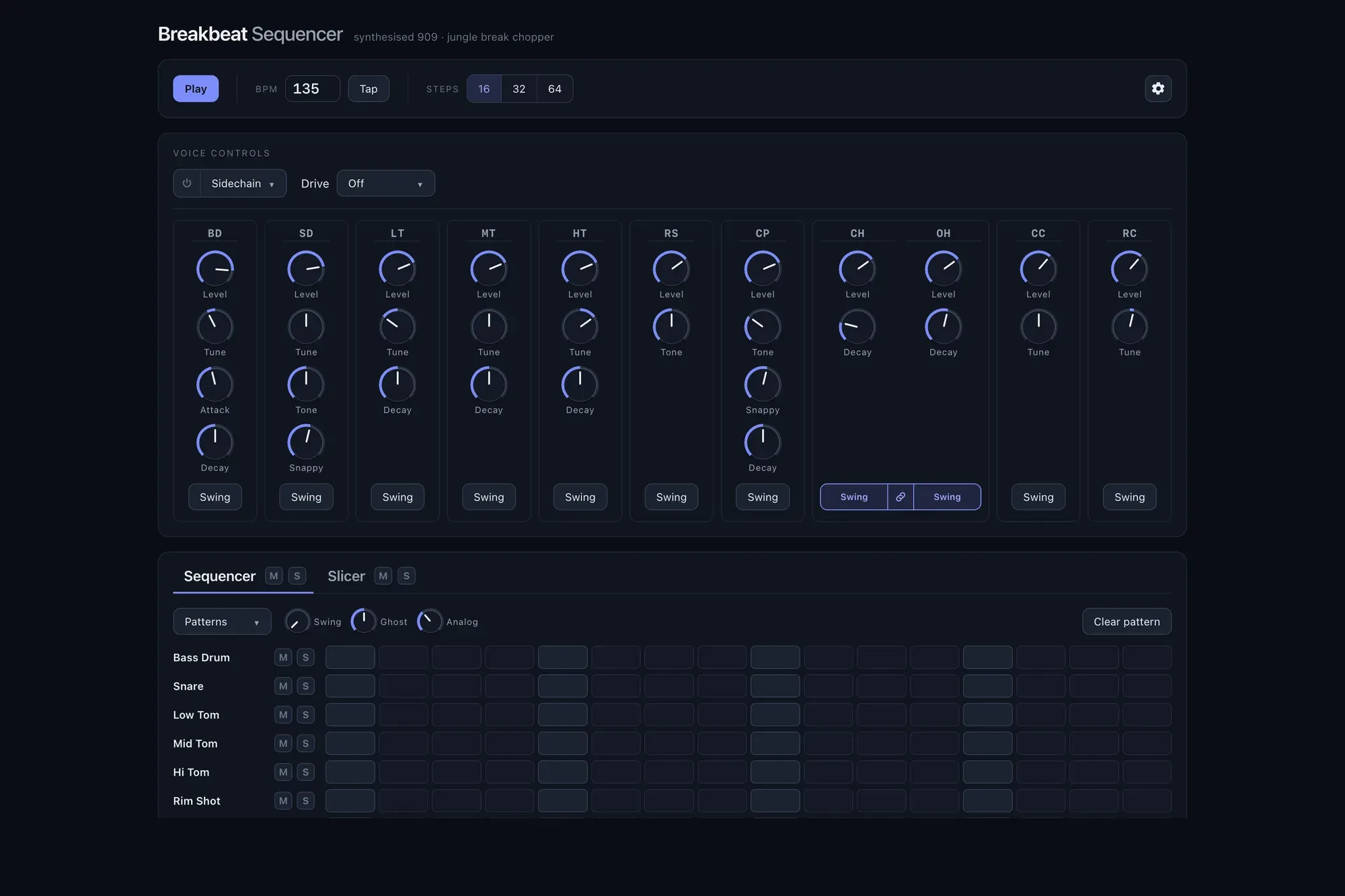 The Breakbeat Sequencer: a synthesised 909 drum machine with voice-control knobs and a step sequencer grid