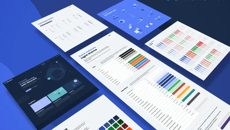 NewsKit design system pages: colour palettes, charts and components