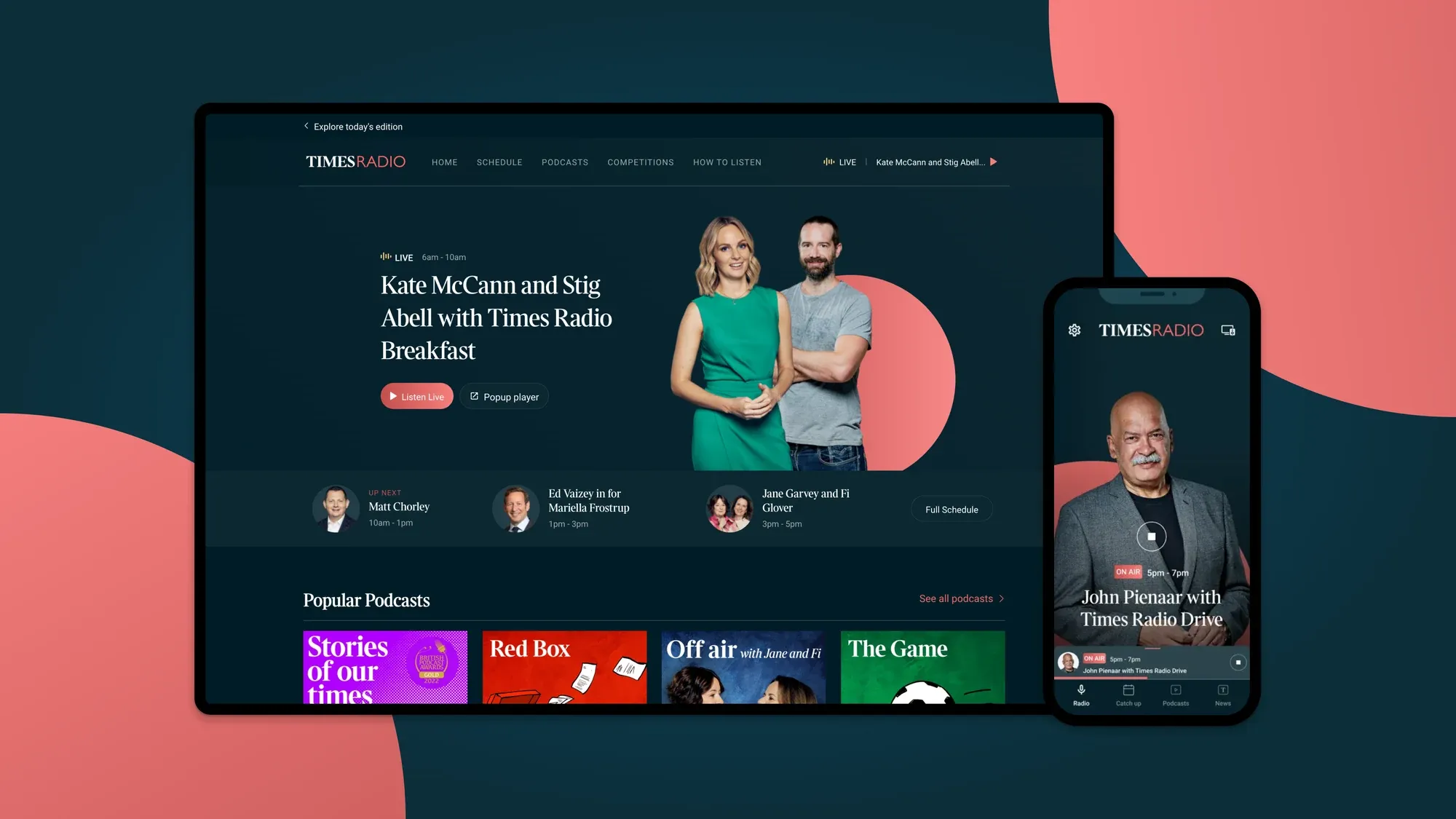 Times Radio shown on desktop web and mobile app